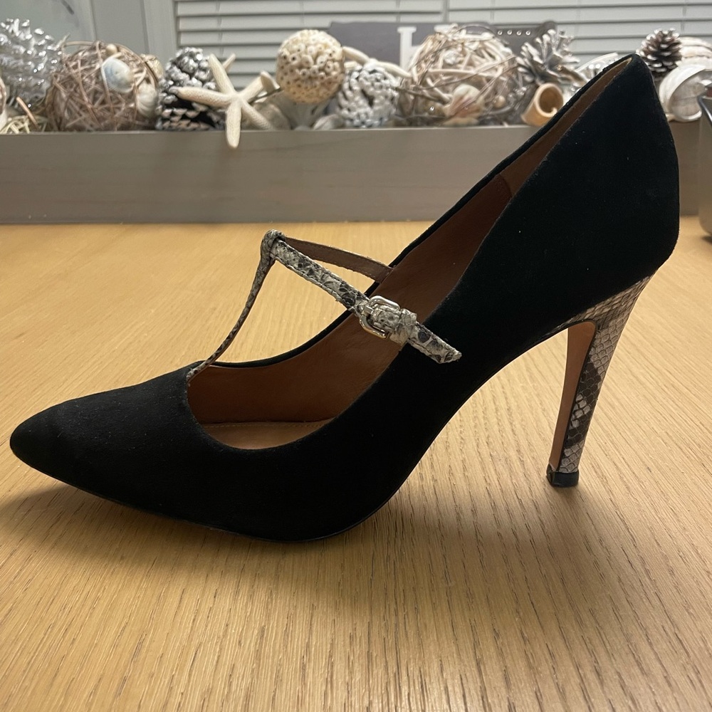 COACH FULTON Black Suede Snakeskin T-Strap Stiletto Pumps Size 11 B - Picture 6 of 12